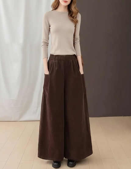 Pantalon Patte D'Éléphant Côtelé Marron Ample Taille Haute Femme - Cordé