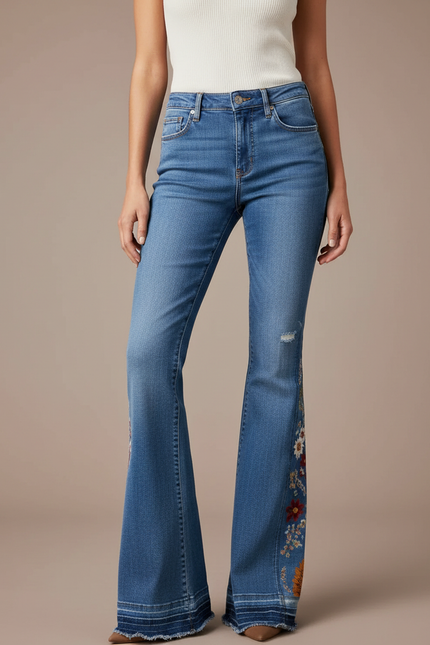 Pantalon Patte D'Éléphant Jean Bleu Brodé Floral Vintage