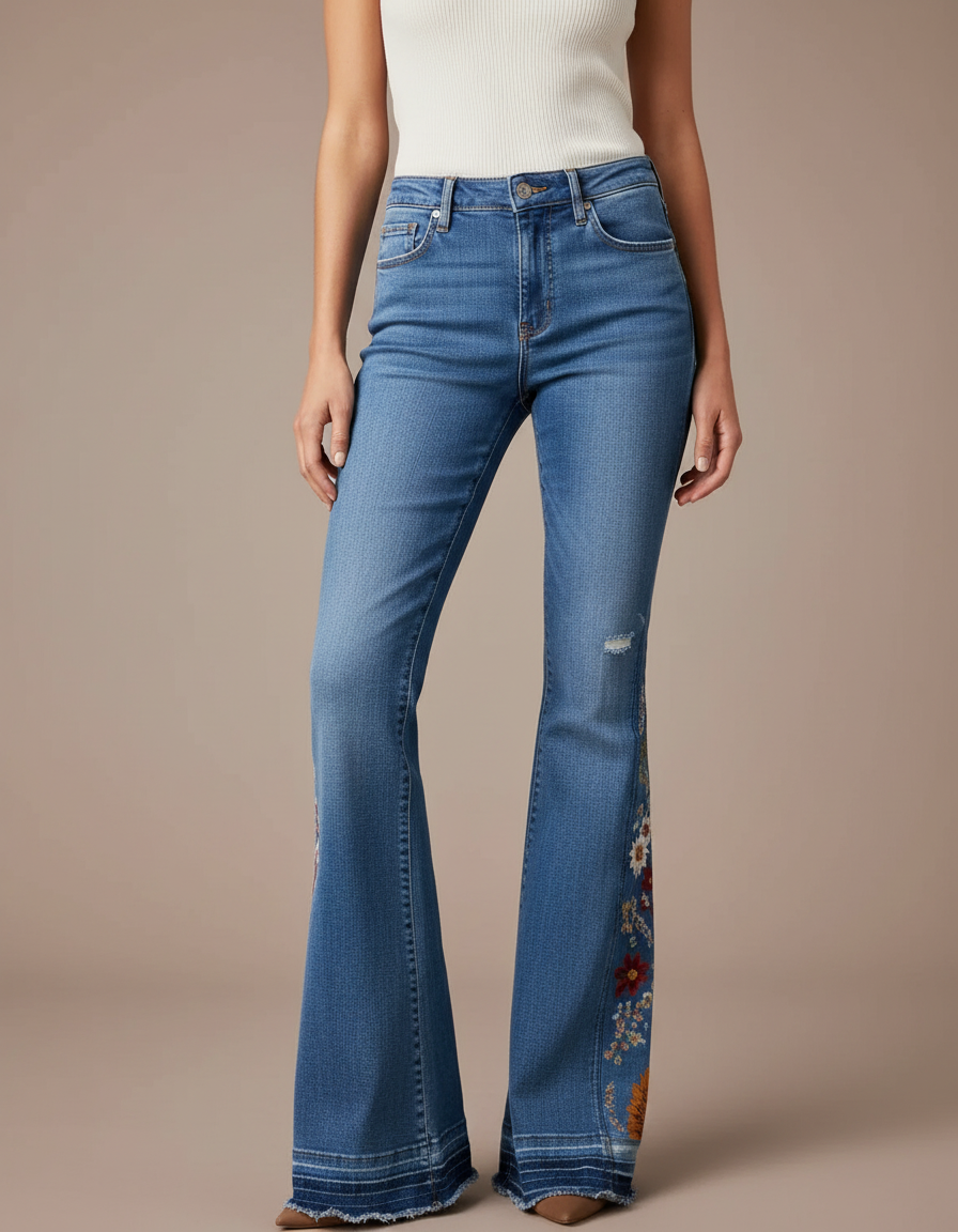 Pantalon Patte D'Éléphant Jean Bleu Brodé Floral Vintage