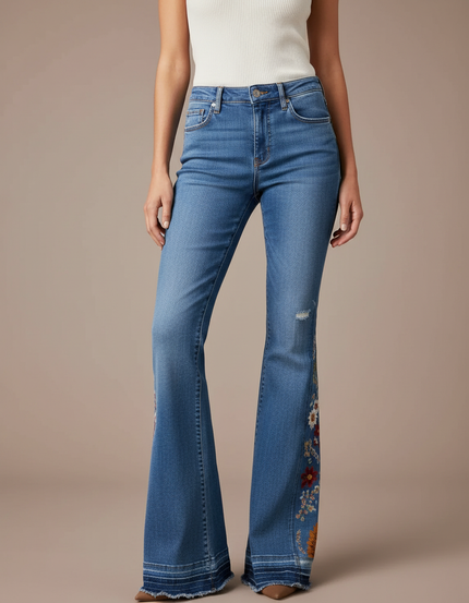 Pantalon Patte D'Éléphant Jean Bleu Brodé Floral Vintage