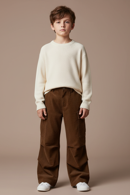 Pantalon Patte D'Éléphant Marron Côtelé Ample Cargo Enfant - Cordé