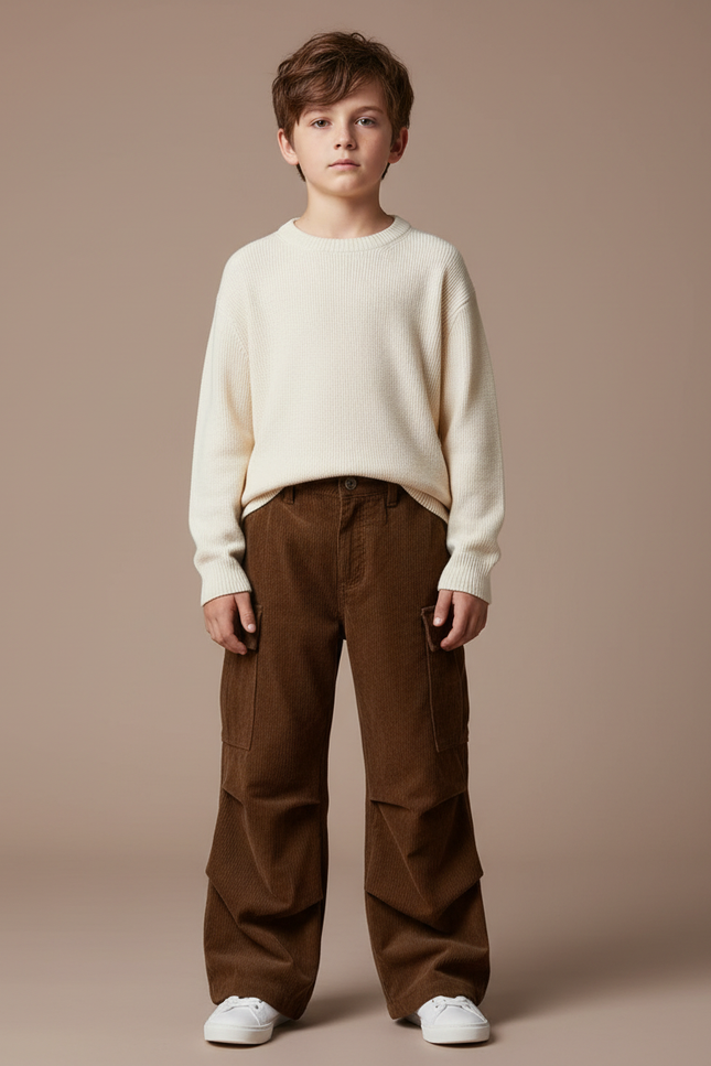 Pantalon Patte D'Éléphant Marron Côtelé Ample Cargo Enfant - Cordé