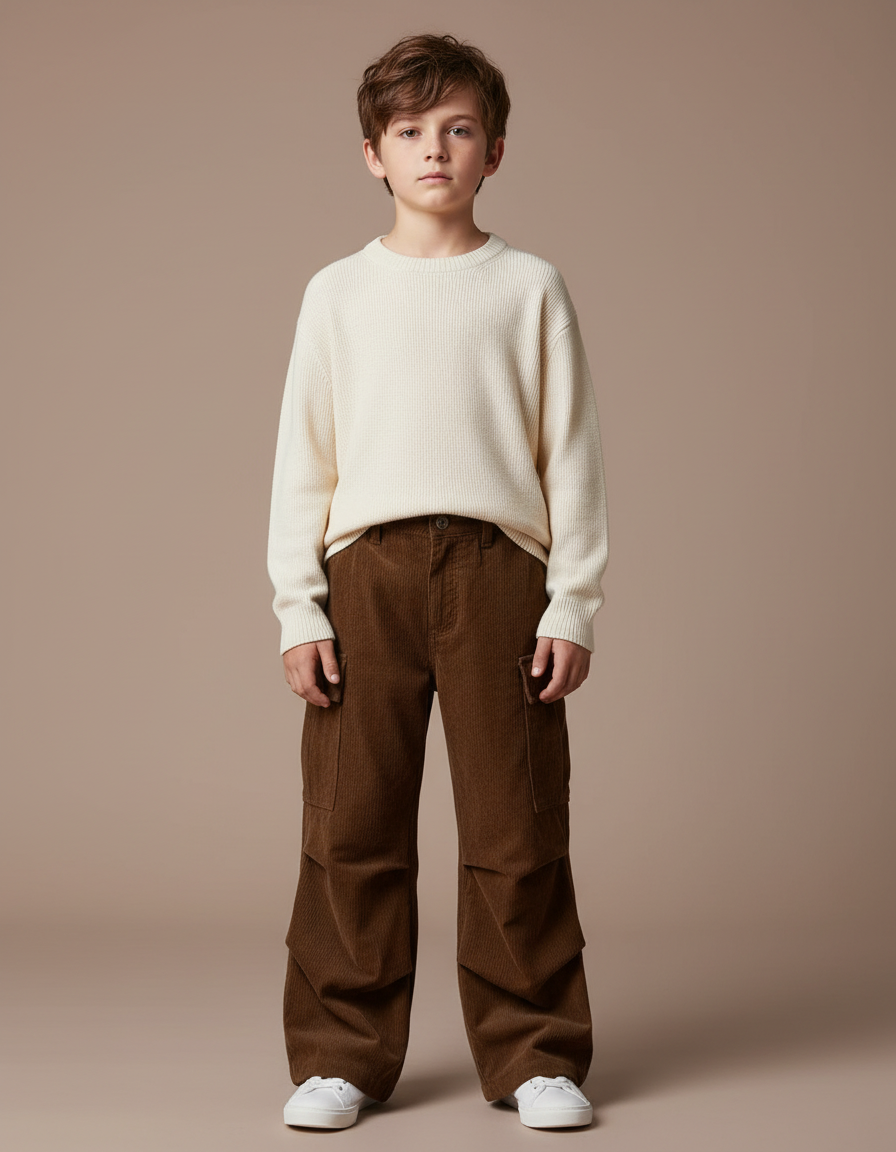 Pantalon Patte D'Éléphant Marron Côtelé Ample Cargo Enfant - Cordé