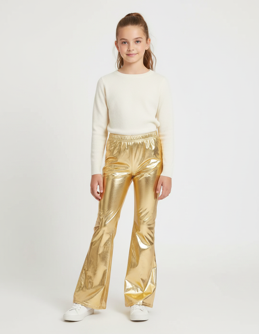 Pantalon Patte D'Éléphant Doré Métallisé Brillant Évasé Enfant - Simili cuir
