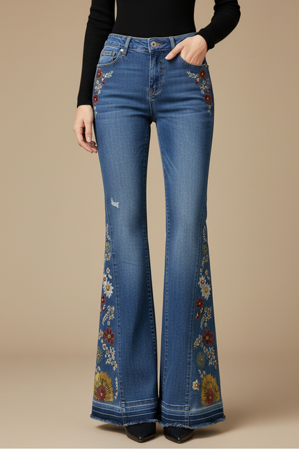 Pantalon Patte D'Éléphant Jean Bleu Brodé Floral Vintage Évasé