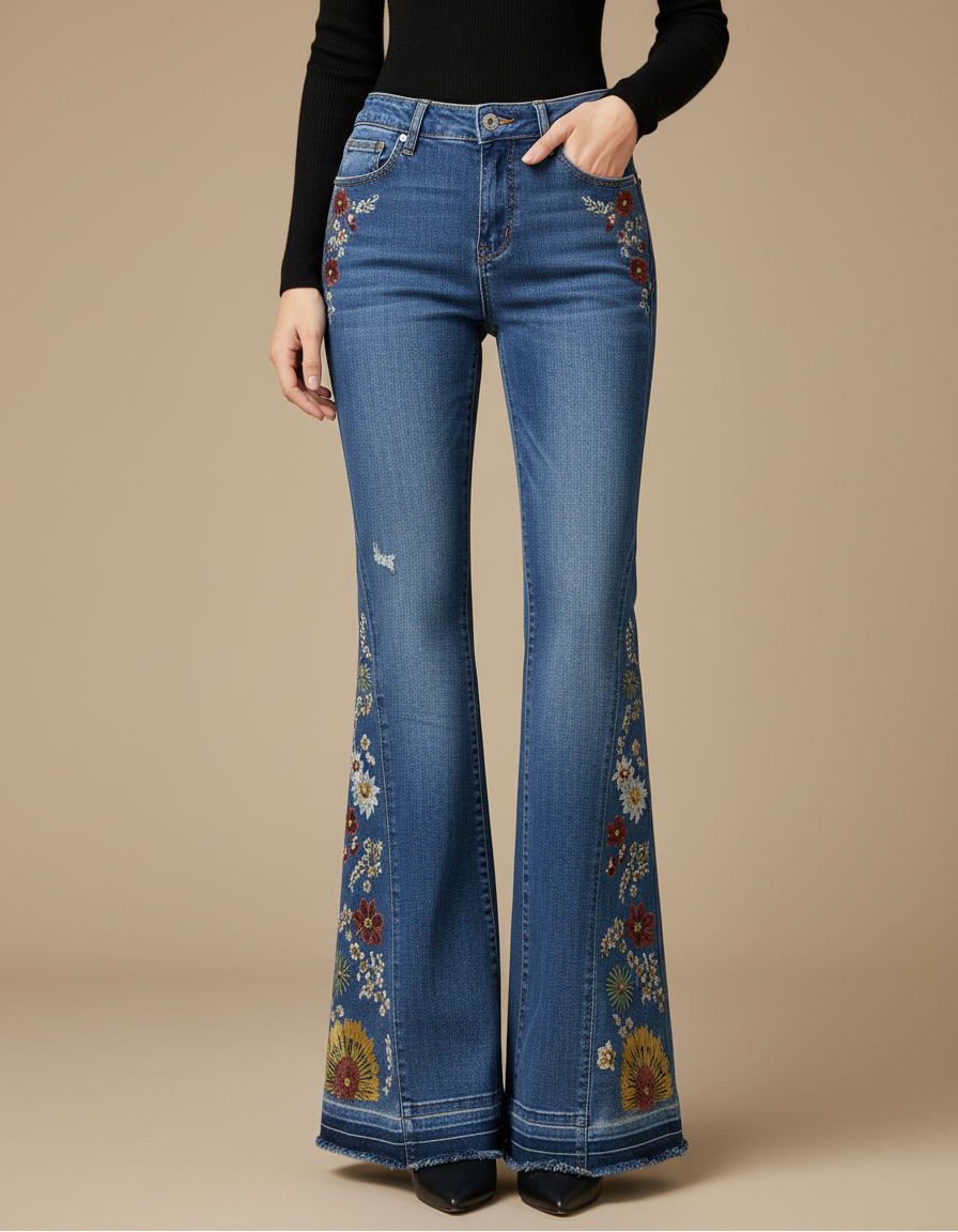 Pantalon Patte D'Éléphant Jean Bleu Brodé Floral Vintage Évasé