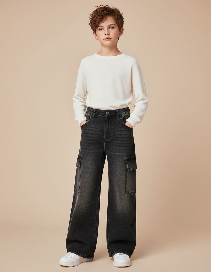 Pantalon Patte D'Éléphant Cargo Jean Dégradé Garçon Tendance - Gris