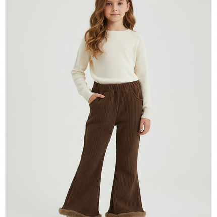 Pantalon Patte D'Éléphant Marron Côtelé Fourrure Chaud Fille - Cordé
