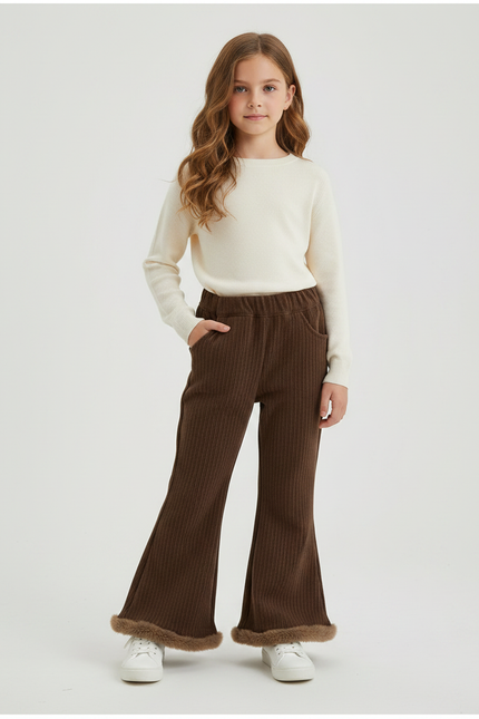 Pantalon Patte D'Éléphant Marron Côtelé Fourrure Chaud Fille - Cordé