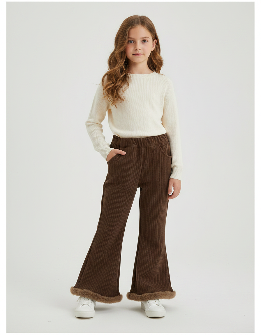Pantalon Patte D'Éléphant Marron Côtelé Fourrure Chaud Fille - Cordé