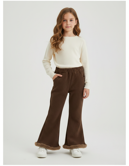 Pantalon Patte D'Éléphant Marron Côtelé Fourrure Chaud Fille - Cordé