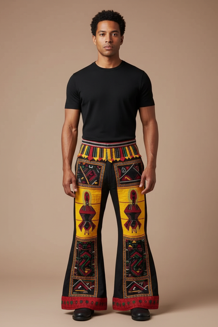 Pantalon Patte D'Éléphant Noir Ethnique Imprimé Tribal Ample - Toile