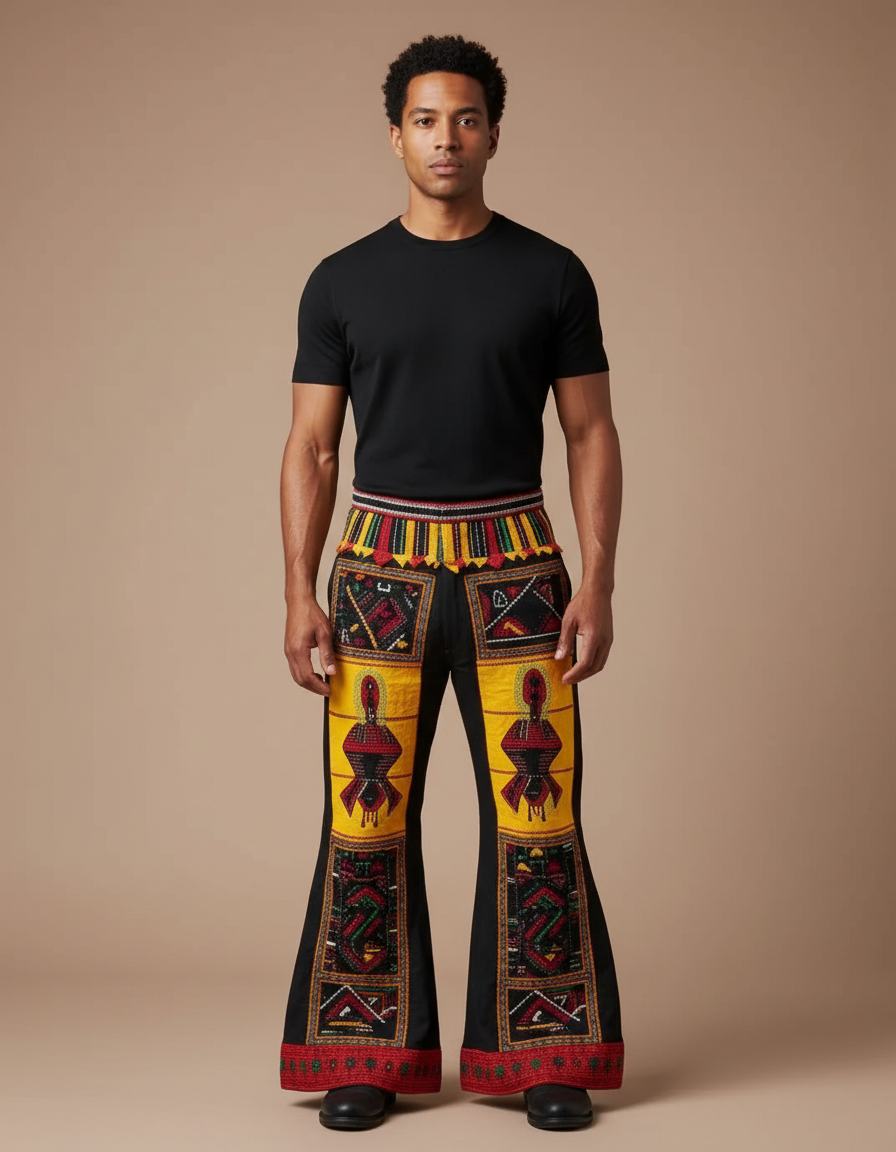 Pantalon Patte D'Éléphant Noir Ethnique Imprimé Tribal Ample - Toile
