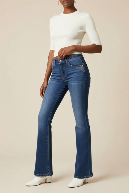 Pantalon Patte D'Éléphant Jean Bleu Brodé Évasé Vintage Femme