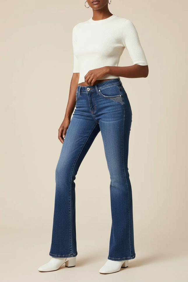 Pantalon Patte D'Éléphant Jean Bleu Brodé Évasé Vintage Femme