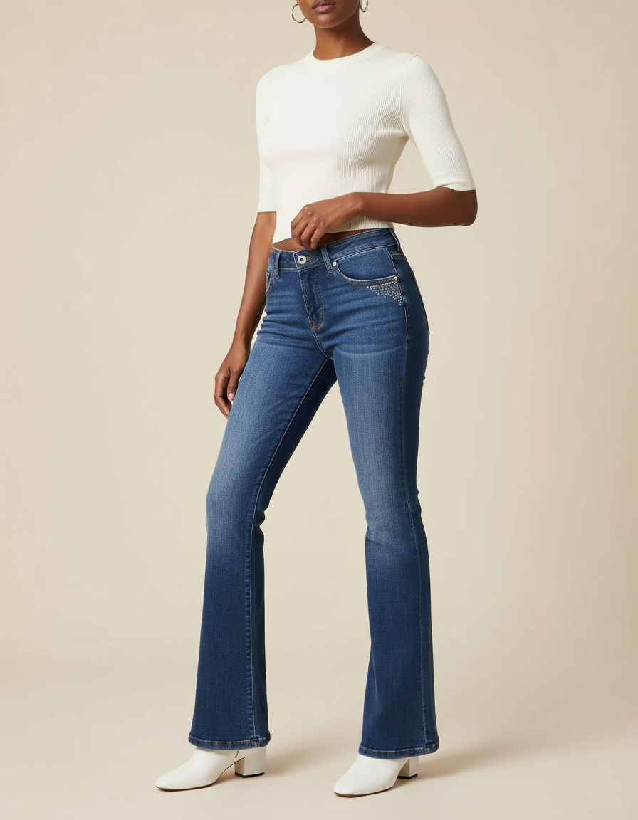Pantalon Patte D'Éléphant Jean Bleu Brodé Évasé Vintage Femme