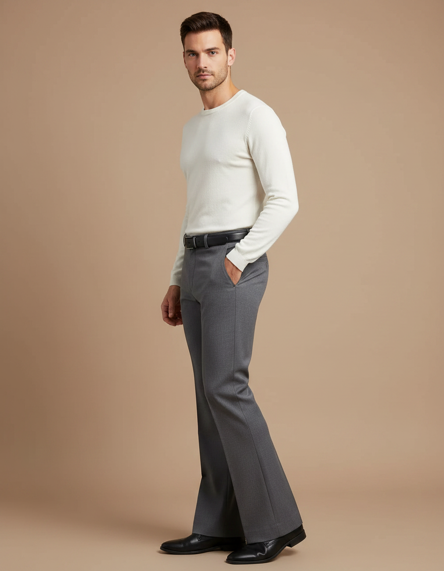 Pantalon Patte D'Éléphant Homme Gris Formel Élégant Évasé - Polyester