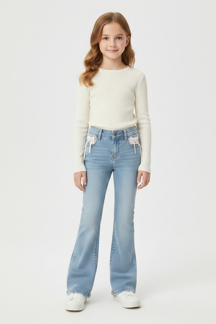 Pantalon Patte D'Éléphant Bleu Clair Décoré Dentelle Kawaii - Jean