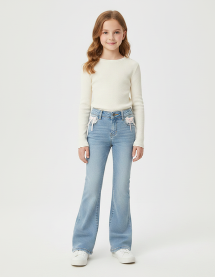 Pantalon Patte D'Éléphant Bleu Clair Décoré Dentelle Kawaii - Jean