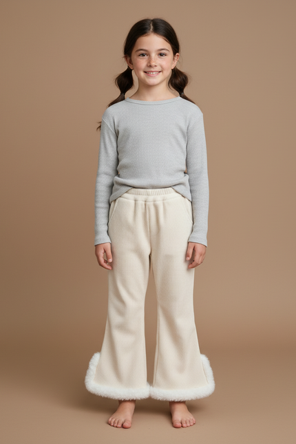 Pantalon Patte D'Éléphant Crème Côtelé Doux Fourrure Enfant - Beige Cordé