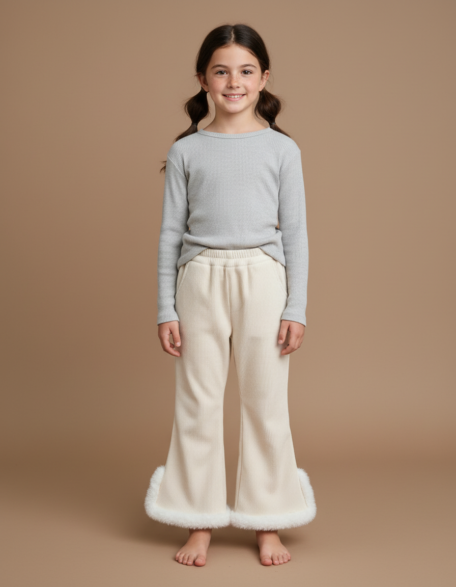 Pantalon Patte D'Éléphant Crème Côtelé Doux Fourrure Enfant - Beige Cordé