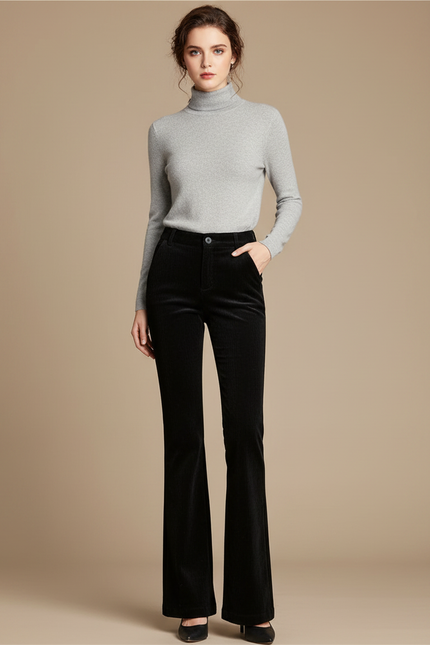 Pantalon Patte D'Éléphant Noir Côtelé Évasé Confortable Femme - Cordé