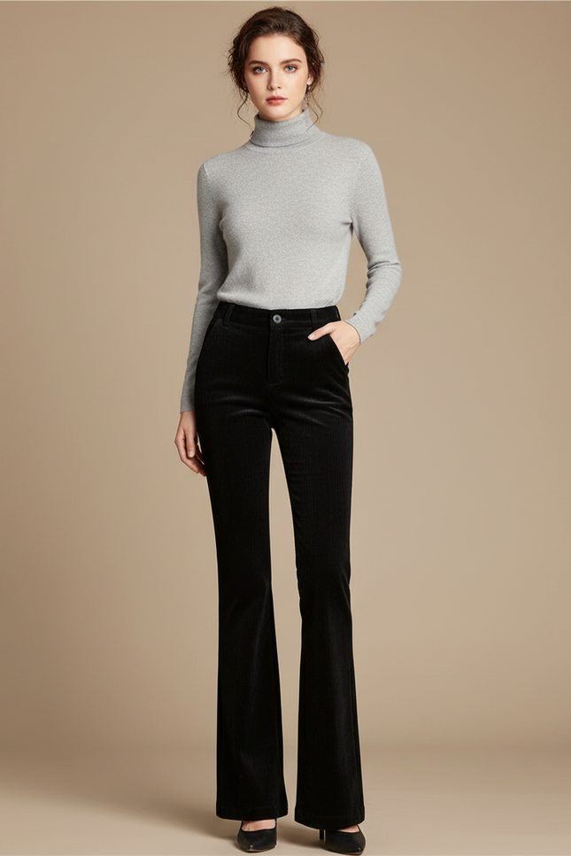 Pantalon Patte D'Éléphant Noir Côtelé Évasé Confortable Femme - Cordé