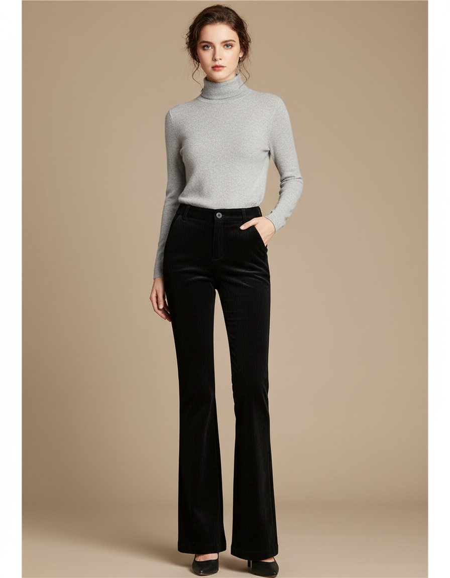 Pantalon Patte D'Éléphant Noir Côtelé Évasé Confortable Femme - Cordé