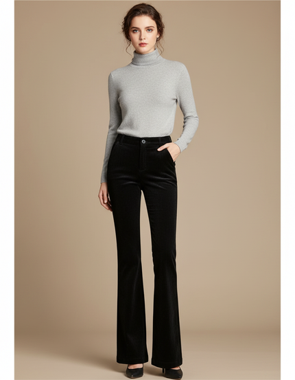 Pantalon Patte D'Éléphant Noir Côtelé Évasé Confortable Femme - Cordé