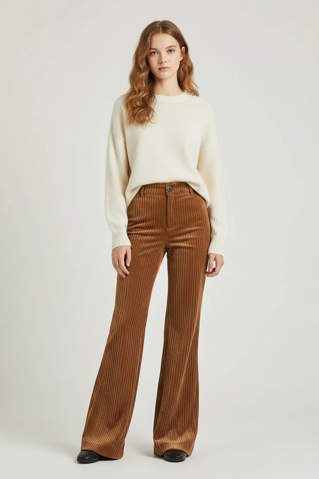Pantalon Patte D'Éléphant Côtelé Marron Taille Haute Évasé - Cordé