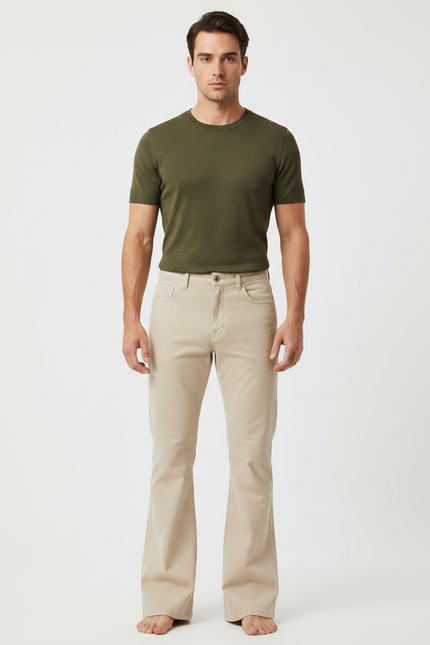 Pantalon Patte D'Éléphant Beige Clair Homme Décontracté Évasé - Coton