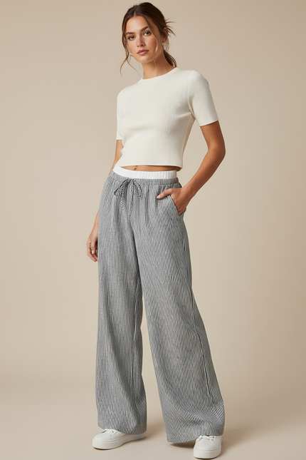 Pantalon Patte D'Éléphant Rayé Fluide Décontracté Coton - Gris