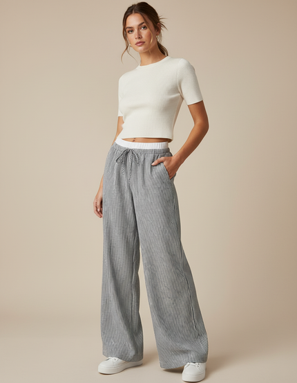 Pantalon Patte D'Éléphant Rayé Fluide Décontracté Coton - Gris