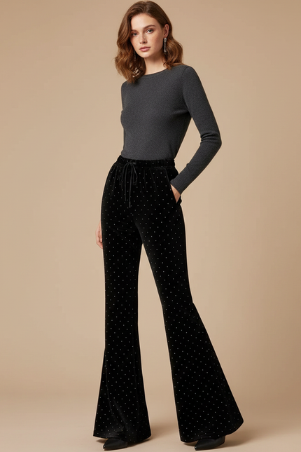 Pantalon Patte D'Éléphant Noir Velours Évasé Pailleté Élégant Femme