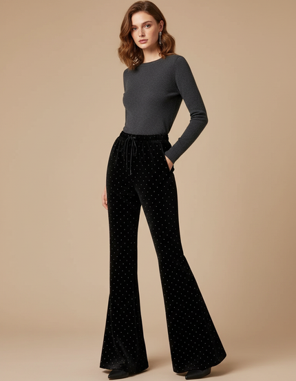 Pantalon Patte D'Éléphant Noir Velours Évasé Pailleté Élégant Femme