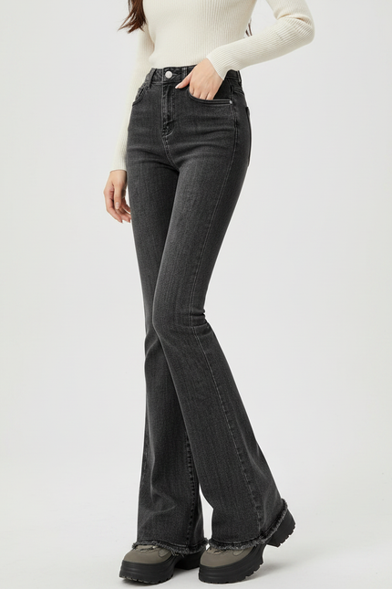 Pantalon Patte D'Éléphant Gris Effiloché Taille Haute Denim - Jean