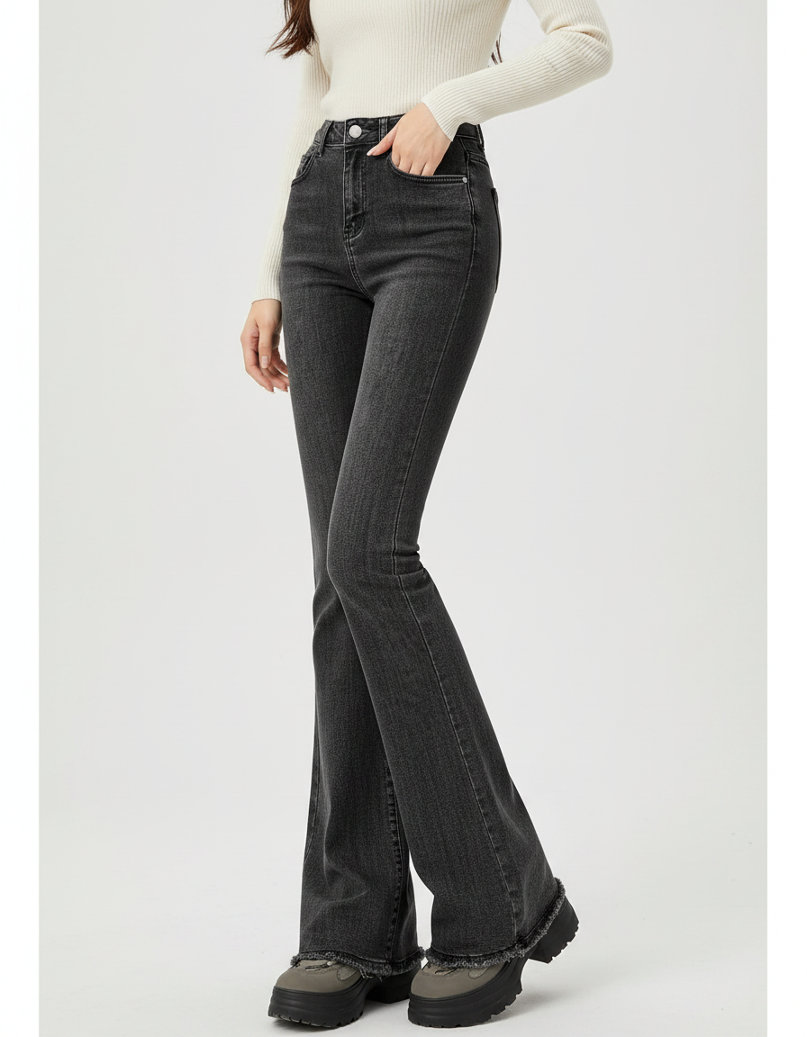Pantalon Patte D'Éléphant Gris Effiloché Taille Haute Denim - Jean