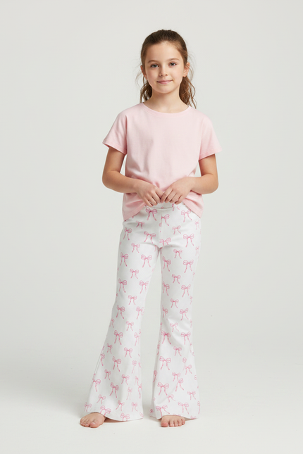 Pantalon Patte D'Éléphant Blanc Nœuds Roses Fille - Maille