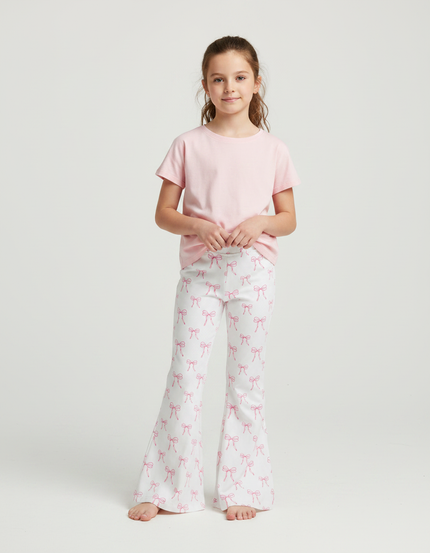 Pantalon Patte D'Éléphant Blanc Nœuds Roses Fille - Maille