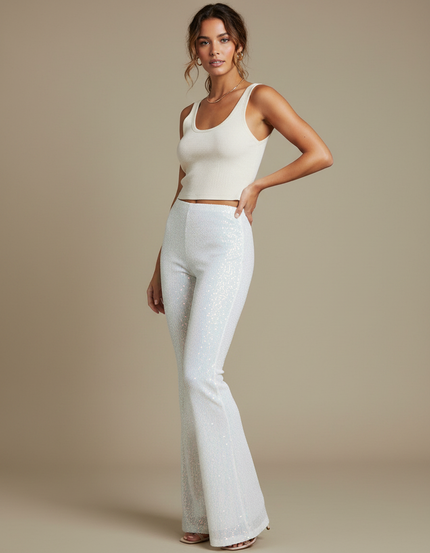 Pantalon Patte D'Éléphant Blanc Pailleté Taille Haute Évasé - Maille