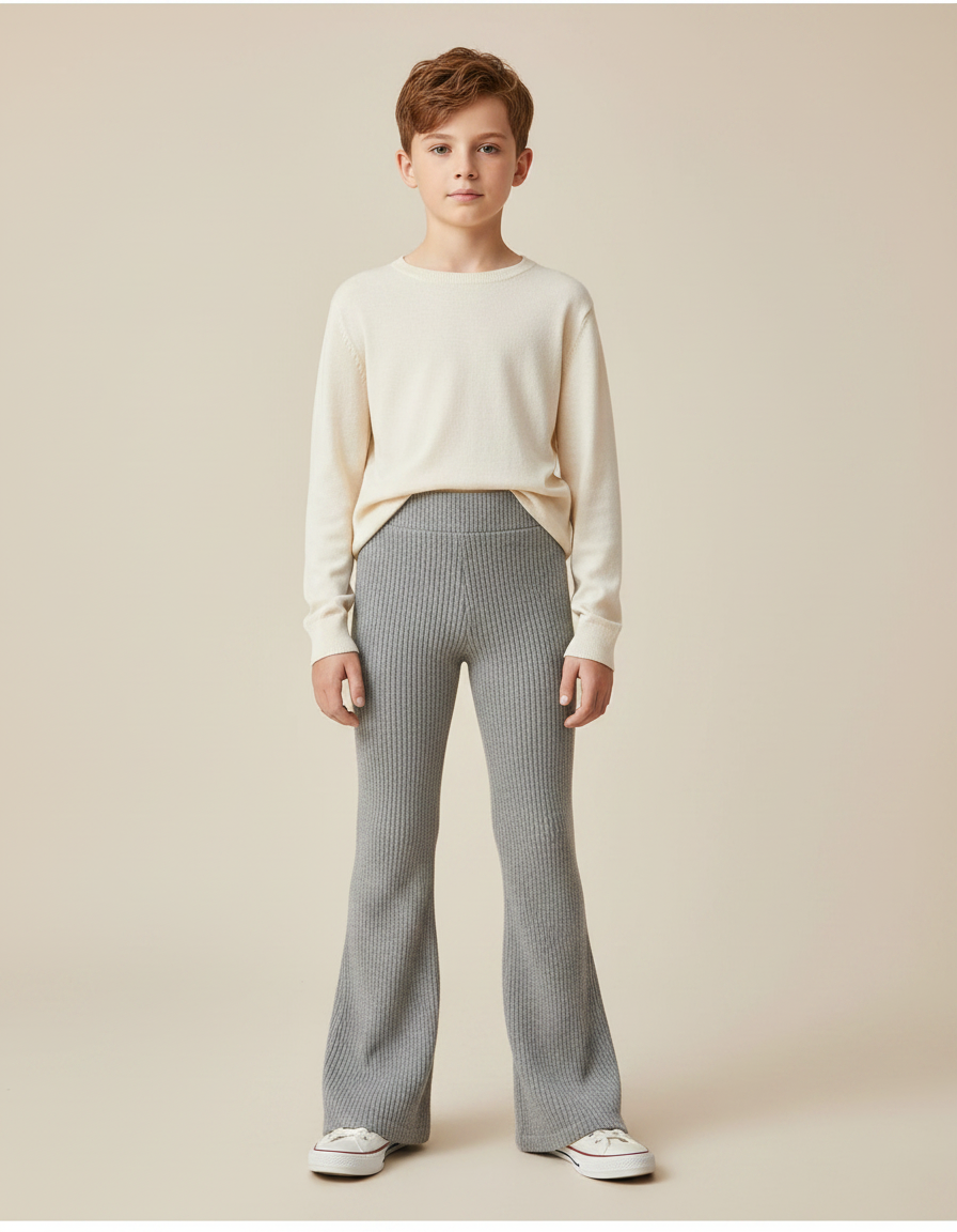 Pantalon Patte D'Éléphant Gris Côtelé Confortable Enfant - Maille