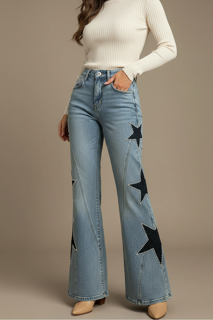 Pantalon Patte D'Éléphant Jean Étoiles Cloutées Bleu Évasé Femme