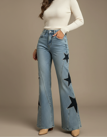 Pantalon Patte D'Éléphant Jean Étoiles Cloutées Bleu Évasé Femme