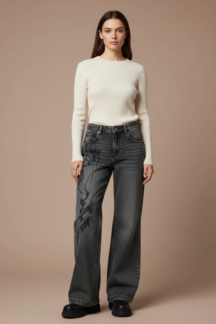 Pantalon Patte D'Éléphant Imprimé Gothique Denim Ample Noir - Gris Jean