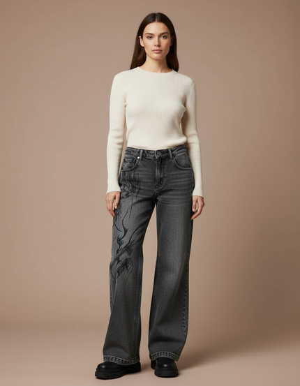Pantalon Patte D'Éléphant Imprimé Gothique Denim Ample Noir - Gris Jean