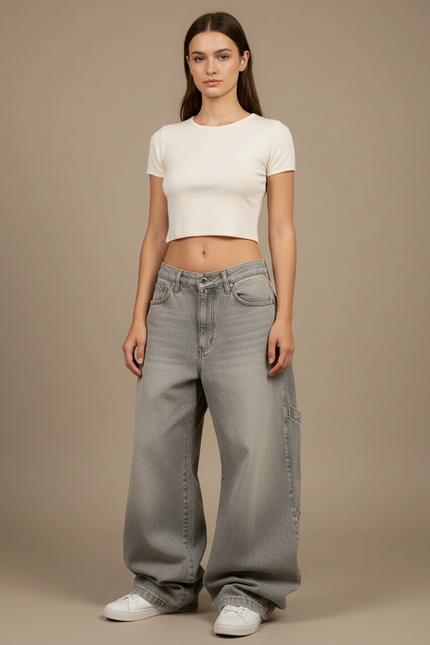 Pantalon Patte D'Éléphant Gris Ample Délavé Décontracté Femme - Jean