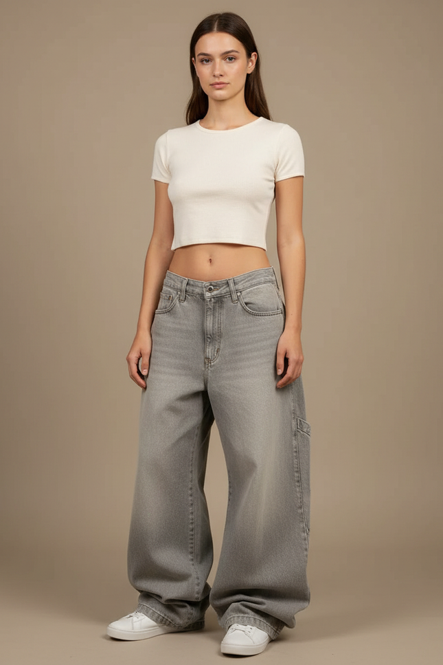 Pantalon Patte D'Éléphant Gris Ample Délavé Décontracté Femme - Jean