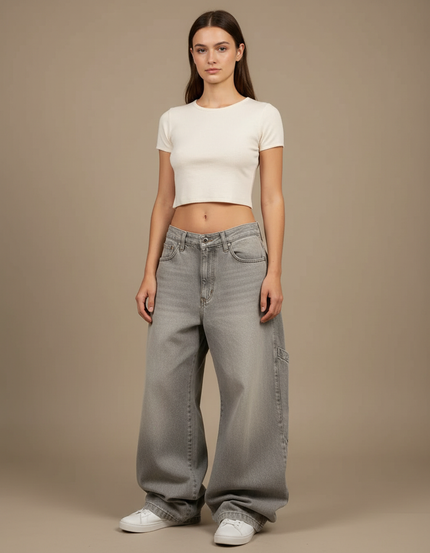 Pantalon Patte D'Éléphant Gris Ample Délavé Décontracté Femme - Jean