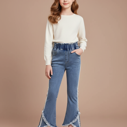 Pantalon Patte D'Éléphant Denim Bleu Franges Dentelle Fille - Jean