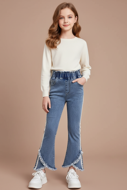 Pantalon Patte D'Éléphant Denim Bleu Franges Dentelle Fille - Jean